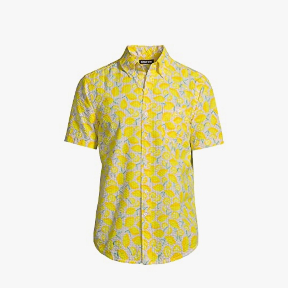 Lands’ End Lemon Fruit Relaxed Fit Short Sleeve Seersucker Button Down Shirt M